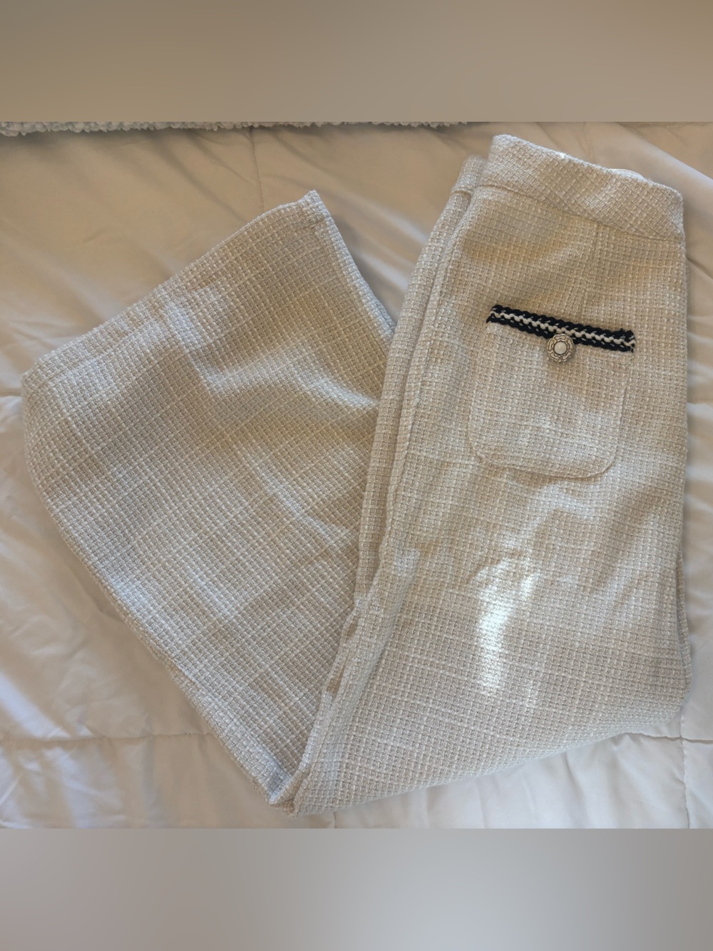 NWT Cider White & Gold Tweed Wide-Leg Pants with Black Braid Trim